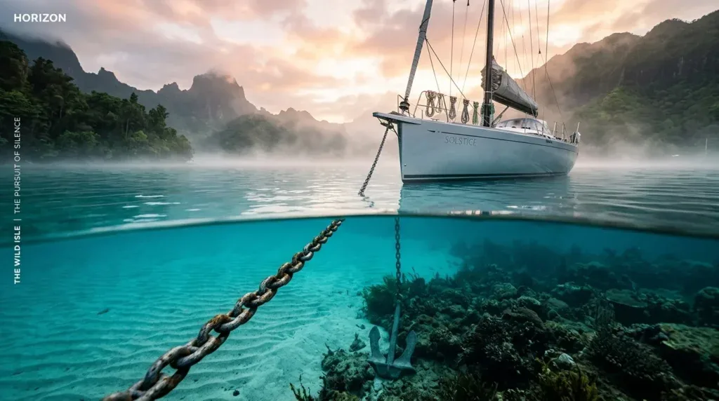 For this article, select a creative concept directly related to the topic, and create visuals with cinematic quality and the aesthetic of an editorial magazine cover, ensuring each composition is unique and distinct. The visuals must be in landscape format, with a 16:9 aspect ratio, and feature a wide, horizontal composition—vertical or square formats are strictly prohibited. Wide landscape format only, no portrait, no square.“The Art of Choosing Your Anchorage: More Than Just Pretty Scenery”