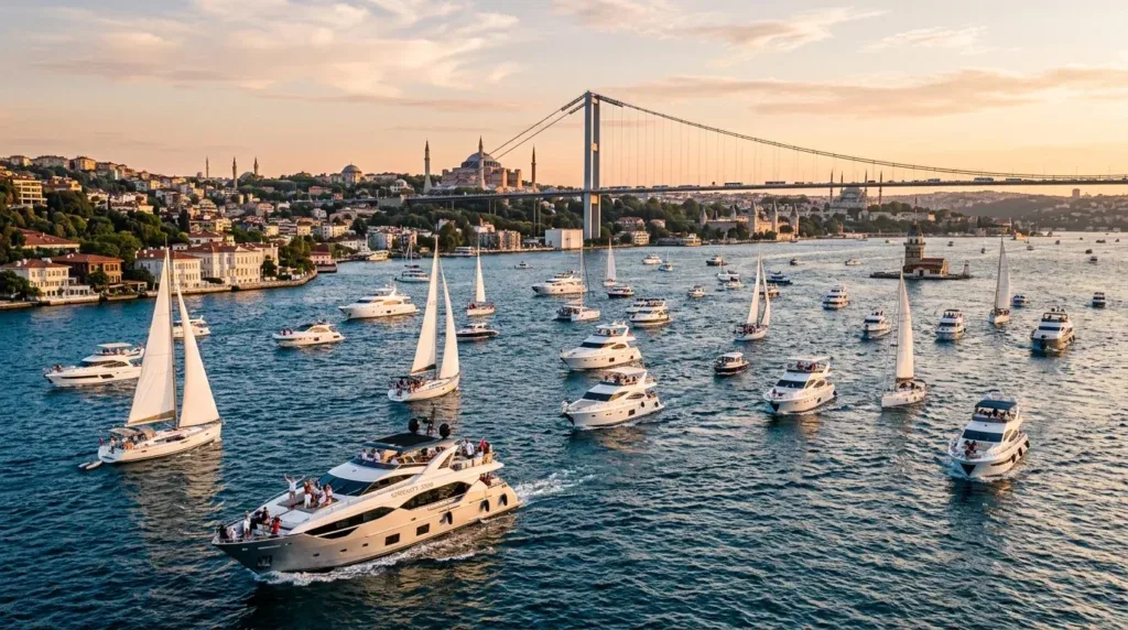 For this article, select a creative concept directly related to the topic, and create visuals with cinematic quality and the aesthetic of an editorial magazine cover, ensuring each composition is unique and distinct. The visuals must be in landscape format, with a 16:9 aspect ratio, and feature a wide, horizontal composition—vertical or square formats are strictly prohibited. Wide landscape format only, no portrait, no square.“Navigating the Bosphorus Boat Show 2026: Dates, Venue, and What to Expect”