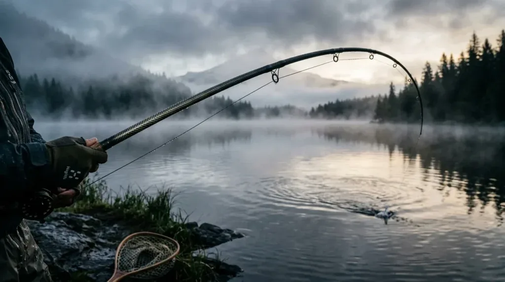For this article, select a creative concept directly related to the topic, and create visuals with cinematic quality and the aesthetic of an editorial magazine cover, ensuring each composition is unique and distinct. The visuals must be in landscape format, with a 16:9 aspect ratio, and feature a wide, horizontal composition—vertical or square formats are strictly prohibited. Wide landscape format only, no portrait, no square.“Demystifying the Rod: Length, Power, and Action”