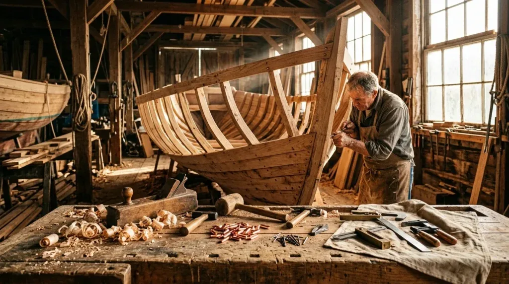 For this article, select a creative concept directly related to the topic, and create visuals with cinematic quality and the aesthetic of an editorial magazine cover, ensuring each composition is unique and distinct. The visuals must be in landscape format, with a 16:9 aspect ratio, and feature a wide, horizontal composition—vertical or square formats are strictly prohibited. Wide landscape format only, no portrait, no square.“Understanding Wooden Boat Construction & Its Nuances”