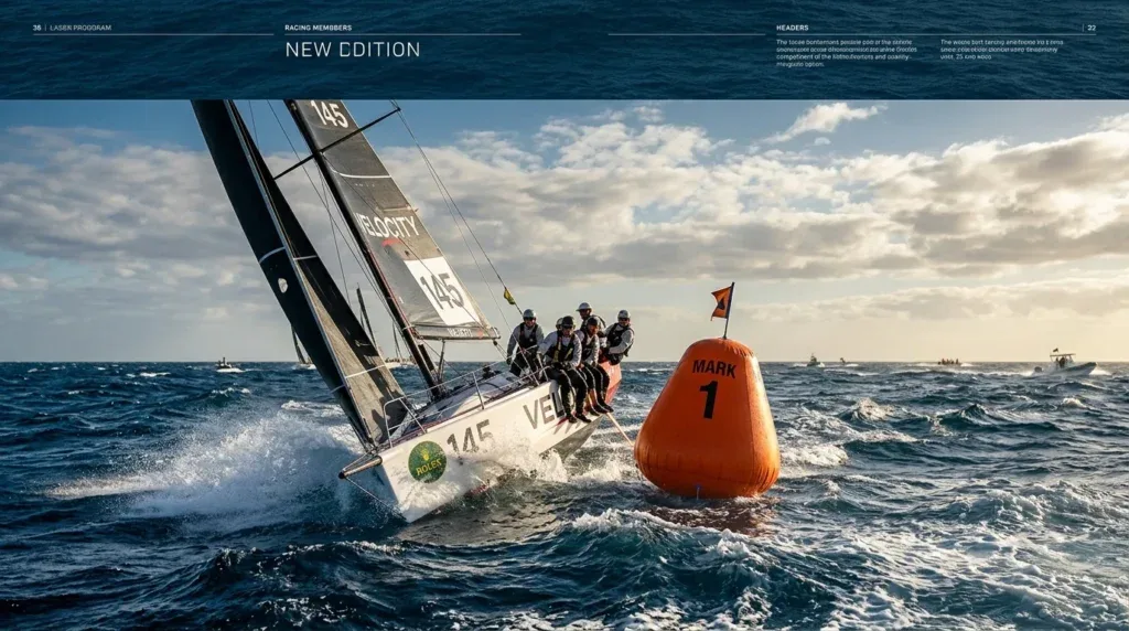 For this article, select a creative concept directly related to the topic, and create visuals with cinematic quality and the aesthetic of an editorial magazine cover, ensuring each composition is unique and distinct. The visuals must be in landscape format, with a 16:9 aspect ratio, and feature a wide, horizontal composition—vertical or square formats are strictly prohibited. Wide landscape format only, no portrait, no square.“Navigating the Course: Mark Rounding Mastery”