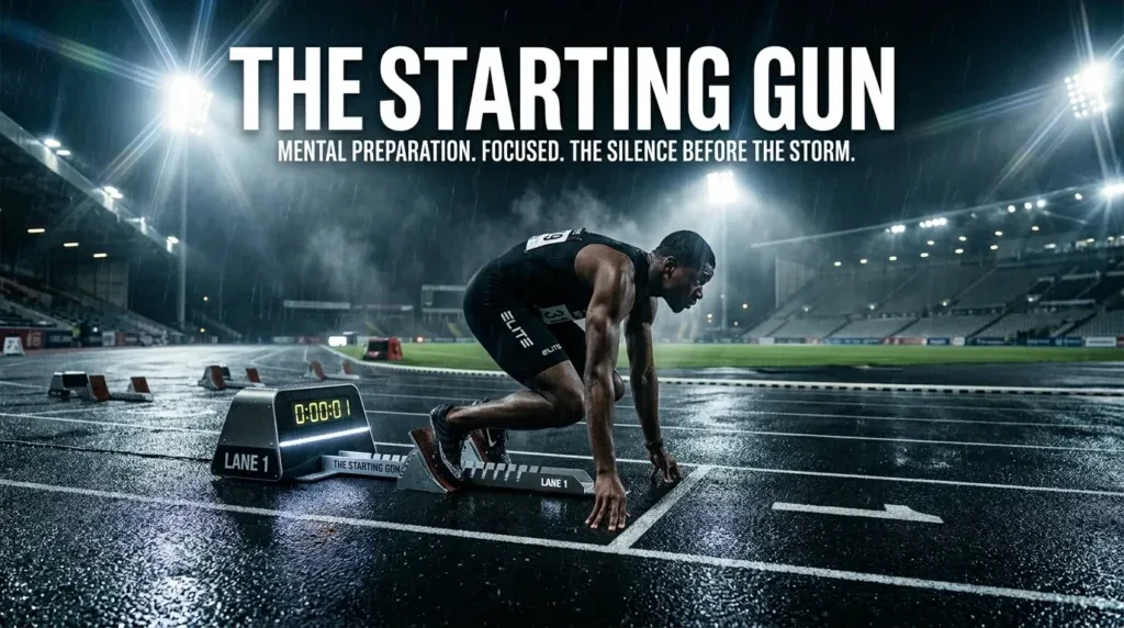 For this article, select a creative concept directly related to the topic, and create visuals with cinematic quality and the aesthetic of an editorial magazine cover, ensuring each composition is unique and distinct. The visuals must be in landscape format, with a 16:9 aspect ratio, and feature a wide, horizontal composition—vertical or square formats are strictly prohibited. Wide landscape format only, no portrait, no square.“The Starting Gun: Winning Before You Even Cross the Line”