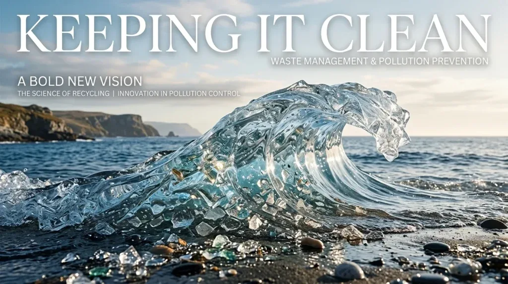 For this article, select a creative concept directly related to the topic, and create visuals with cinematic quality and the aesthetic of an editorial magazine cover, ensuring each composition is unique and distinct. The visuals must be in landscape format, with a 16:9 aspect ratio, and feature a wide, horizontal composition—vertical or square formats are strictly prohibited. Wide landscape format only, no portrait, no square.“Keeping It Clean: Waste Management & Pollution Prevention”