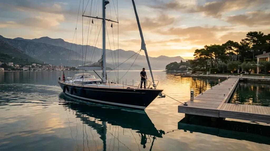 For this article, select a creative concept directly related to the topic, and create visuals with cinematic quality and the aesthetic of an editorial magazine cover, ensuring each composition is unique and distinct. The visuals must be in landscape format, with a 16:9 aspect ratio, and feature a wide, horizontal composition—vertical or square formats are strictly prohibited. Wide landscape format only, no portrait, no square.“The Docking Mindset: Preparation and Patience”