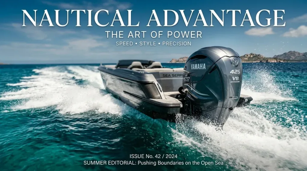 For this article, select a creative concept directly related to the topic, and create visuals with cinematic quality and the aesthetic of an editorial magazine cover, ensuring each composition is unique and distinct. The visuals must be in landscape format, with a 16:9 aspect ratio, and feature a wide, horizontal composition—vertical or square formats are strictly prohibited. Wide landscape format only, no portrait, no square.“Outboard Engines: The External Advantage”