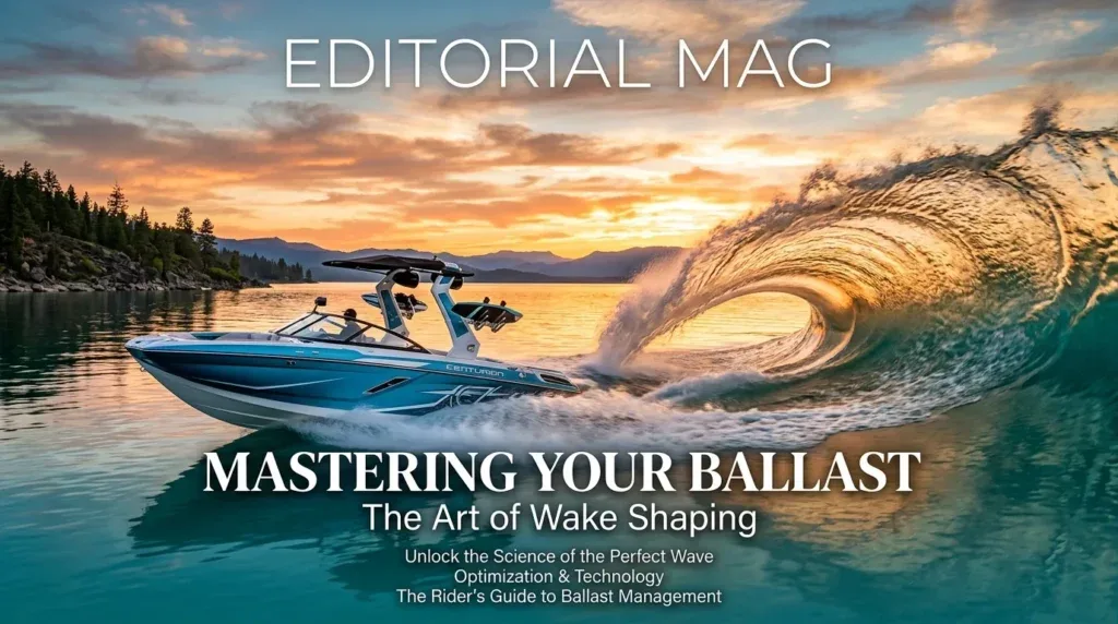 For this article, select a creative concept directly related to the topic, and create visuals with cinematic quality and the aesthetic of an editorial magazine cover, ensuring each composition is unique and distinct. The visuals must be in landscape format, with a 16:9 aspect ratio, and feature a wide, horizontal composition—vertical or square formats are strictly prohibited. Wide landscape format only, no portrait, no square.“Mastering Your Ballast: The Art of Wake Shaping”