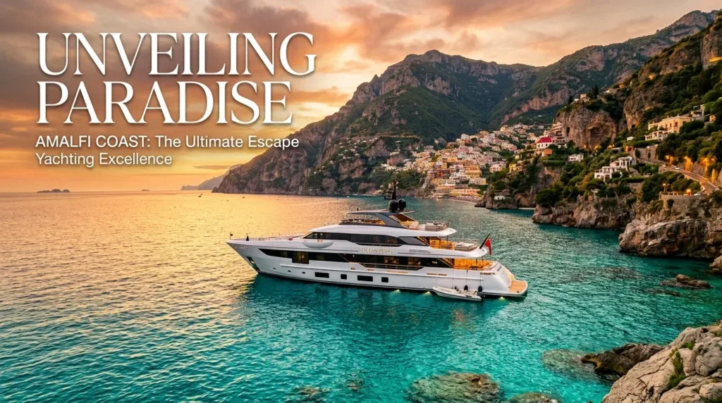 For this article, select a creative concept directly related to the topic, and create visuals with cinematic quality and the aesthetic of an editorial magazine cover, ensuring each composition is unique and distinct. The visuals must be in landscape format, with a 16:9 aspect ratio, and feature a wide, horizontal composition—vertical or square formats are strictly prohibited. Wide landscape format only, no portrait, no square.“Unveiling Paradise: Popular Motor Yacht Destinations”