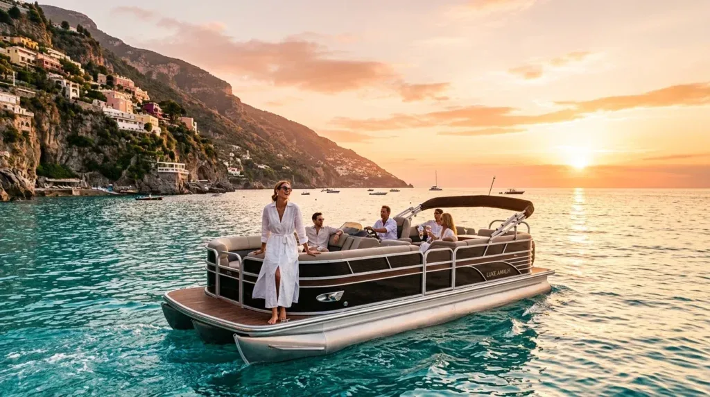 For this article, select a creative concept directly related to the topic, and create visuals with cinematic quality and the aesthetic of an editorial magazine cover, ensuring each composition is unique and distinct. The visuals must be in landscape format, with a 16:9 aspect ratio, and feature a wide, horizontal composition—vertical or square formats are strictly prohibited. Wide landscape format only, no portrait, no square.“Exploring Options: Pontoon Boat for Sale Europe”