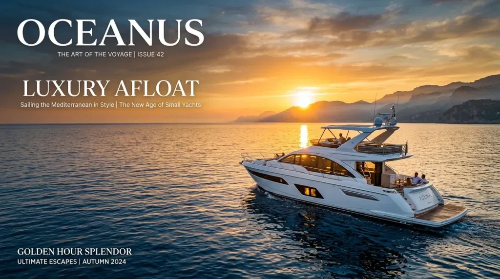 For this article, select a creative concept directly related to the topic, and create visuals with cinematic quality and the aesthetic of an editorial magazine cover, ensuring each composition is unique and distinct. The visuals must be in landscape format, with a 16:9 aspect ratio, and feature a wide, horizontal composition—vertical or square formats are strictly prohibited. Wide landscape format only, no portrait, no square.“Navigating the Market: Your Journey to a Small Luxury Yacht”