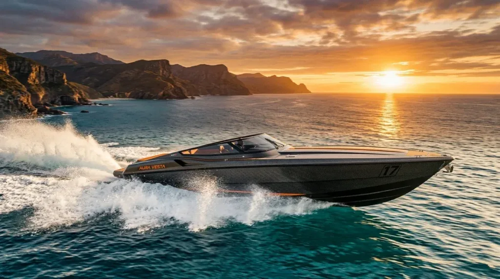 For this article, select a creative concept directly related to the topic, and create visuals with cinematic quality and the aesthetic of an editorial magazine cover, ensuring each composition is unique and distinct. The visuals must be in landscape format, with a 16:9 aspect ratio, and feature a wide, horizontal composition—vertical or square formats are strictly prohibited. Wide landscape format only, no portrait, no square.“First Steps: Understanding the Landscape of Powerboat Racing”