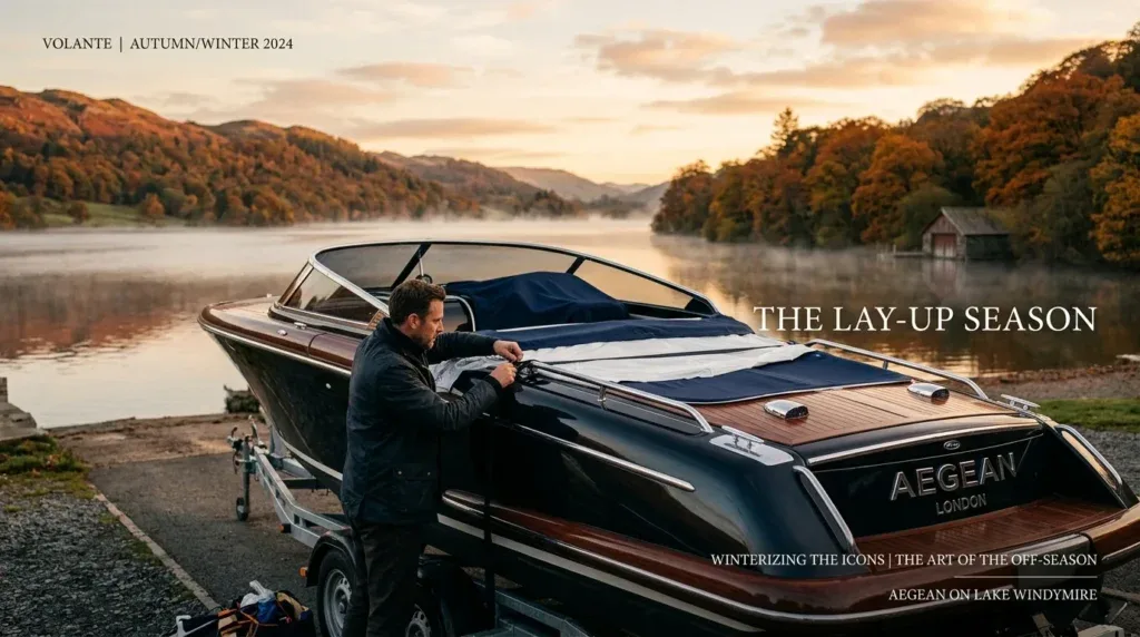 For this article, select a creative concept directly related to the topic, and create visuals with cinematic quality and the aesthetic of an editorial magazine cover, ensuring each composition is unique and distinct. The visuals must be in landscape format, with a 16:9 aspect ratio, and feature a wide, horizontal composition—vertical or square formats are strictly prohibited. Wide landscape format only, no portrait, no square.“Step-by-Step Power Boat Winterization: A Comprehensive Checklist”