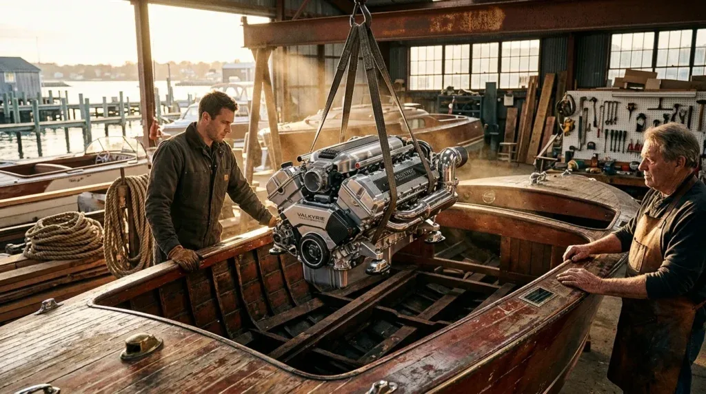 For this article, select a creative concept directly related to the topic, and create visuals with cinematic quality and the aesthetic of an editorial magazine cover, ensuring each composition is unique and distinct. The visuals must be in landscape format, with a 16:9 aspect ratio, and feature a wide, horizontal composition—vertical or square formats are strictly prohibited. Wide landscape format only, no portrait, no square.“The Heart of the Matter: Why a Modern Engine in a Classic Hull?”