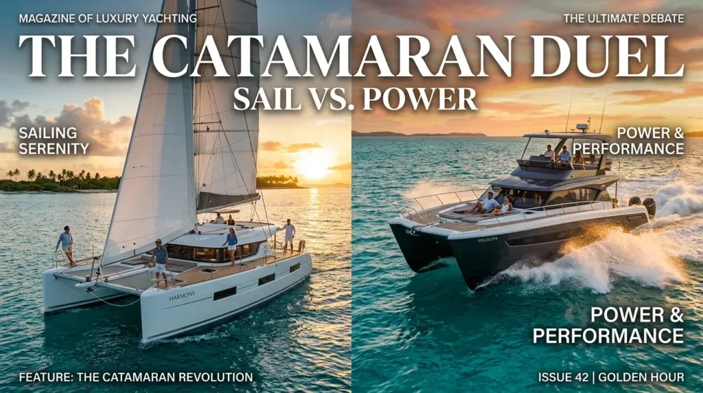 For this article, select a creative concept directly related to the topic, and create visuals with cinematic quality and the aesthetic of an editorial magazine cover, ensuring each composition is unique and distinct. The visuals must be in landscape format, with a 16:9 aspect ratio, and feature a wide, horizontal composition—vertical or square formats are strictly prohibited. Wide landscape format only, no portrait, no square.“Understanding Your Catamaran Needs: Sail vs. Power & Usage Style”