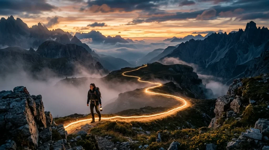 For this article, select a creative concept directly related to the topic, and create visuals with cinematic quality and the aesthetic of an editorial magazine cover, ensuring each composition is unique and distinct. The visuals must be in landscape format, with a 16:9 aspect ratio, and feature a wide, horizontal composition—vertical or square formats are strictly prohibited. Wide landscape format only, no portrait, no square.“The Mindset: Embracing the Journey”