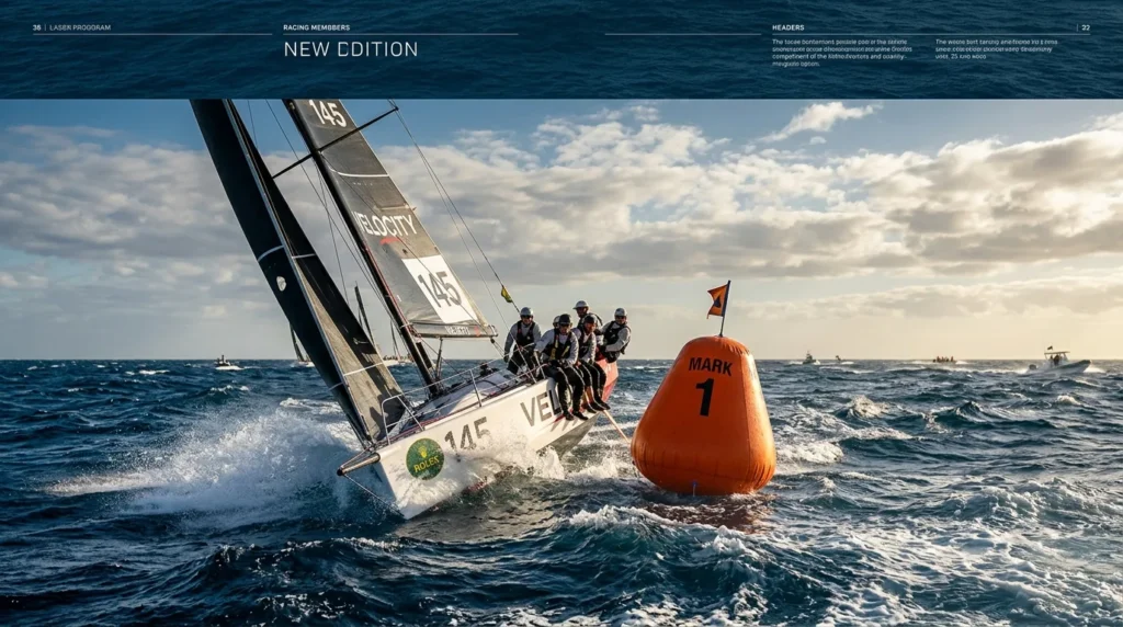 For this article, select a creative concept directly related to the topic, and create visuals with cinematic quality and the aesthetic of an editorial magazine cover, ensuring each composition is unique and distinct. The visuals must be in landscape format, with a 16:9 aspect ratio, and feature a wide, horizontal composition—vertical or square formats are strictly prohibited. Wide landscape format only, no portrait, no square.“Navigating the Course: Mark Rounding Mastery”