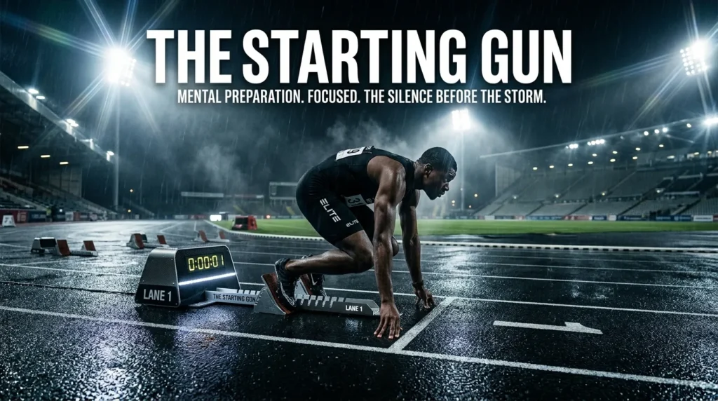For this article, select a creative concept directly related to the topic, and create visuals with cinematic quality and the aesthetic of an editorial magazine cover, ensuring each composition is unique and distinct. The visuals must be in landscape format, with a 16:9 aspect ratio, and feature a wide, horizontal composition—vertical or square formats are strictly prohibited. Wide landscape format only, no portrait, no square.“The Starting Gun: Winning Before You Even Cross the Line”