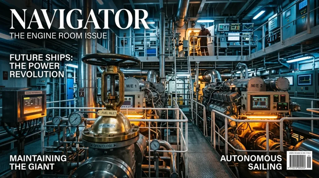 For this article, select a creative concept directly related to the topic, and create visuals with cinematic quality and the aesthetic of an editorial magazine cover, ensuring each composition is unique and distinct. The visuals must be in landscape format, with a 16:9 aspect ratio, and feature a wide, horizontal composition—vertical or square formats are strictly prohibited. Wide landscape format only, no portrait, no square.“Keeping the Dream Afloat: Engineering and Deck Operations”