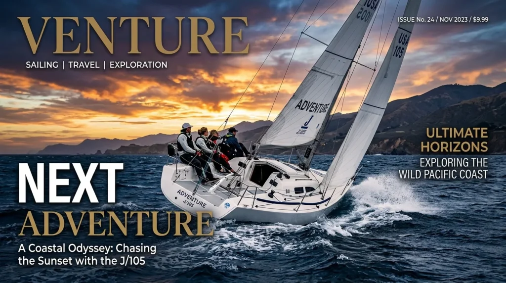 For this article, select a creative concept directly related to the topic, and create visuals with cinematic quality and the aesthetic of an editorial magazine cover, ensuring each composition is unique and distinct. The visuals must be in landscape format, with a 16:9 aspect ratio, and feature a wide, horizontal composition—vertical or square formats are strictly prohibited. Wide landscape format only, no portrait, no square.“Is the J/105 Your Next Adventure?”