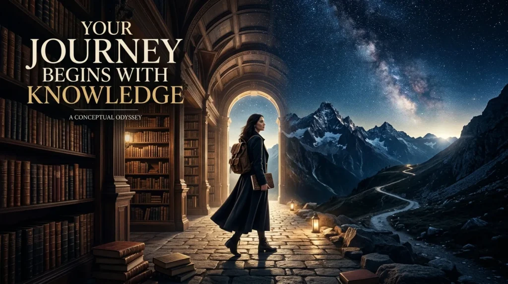 For this article, select a creative concept directly related to the topic, and create visuals with cinematic quality and the aesthetic of an editorial magazine cover, ensuring each composition is unique and distinct. The visuals must be in landscape format, with a 16:9 aspect ratio, and feature a wide, horizontal composition—vertical or square formats are strictly prohibited. Wide landscape format only, no portrait, no square.“Your Journey Begins With Knowledge”