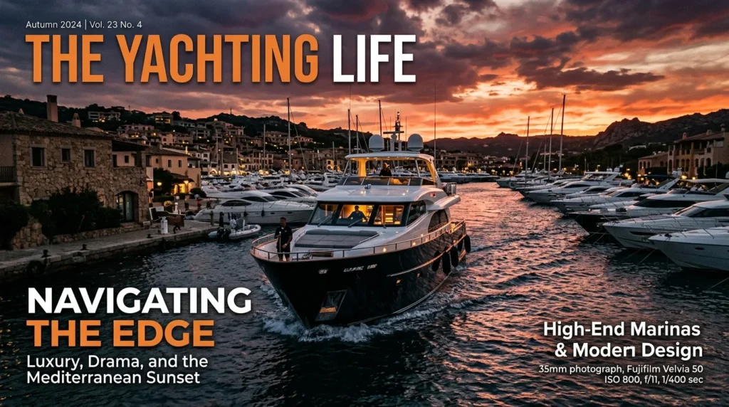 For this article, select a creative concept directly related to the topic, and create visuals with cinematic quality and the aesthetic of an editorial magazine cover, ensuring each composition is unique and distinct. The visuals must be in landscape format, with a 16:9 aspect ratio, and feature a wide, horizontal composition—vertical or square formats are strictly prohibited. Wide landscape format only, no portrait, no square.“Conquering Tight Marinas & Tricky Conditions”