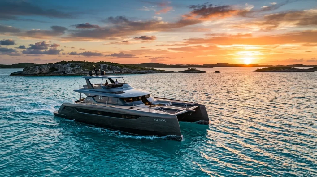 For this article, select a creative concept directly related to the topic, and create visuals with cinematic quality and the aesthetic of an editorial magazine cover, ensuring each composition is unique and distinct. The visuals must be in landscape format, with a 16:9 aspect ratio, and feature a wide, horizontal composition—vertical or square formats are strictly prohibited. Wide landscape format only, no portrait, no square.“The Modern Marvel: The Catamaran”