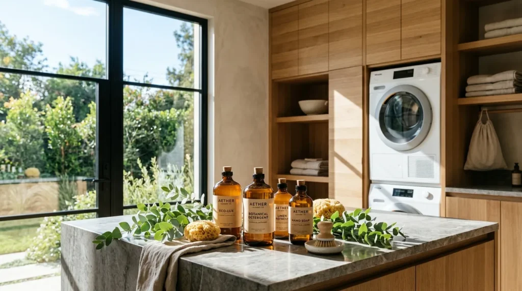 For this article, select a creative concept directly related to the topic, and create visuals with cinematic quality and the aesthetic of an editorial magazine cover, ensuring each composition is unique and distinct. The visuals must be in landscape format, with a 16:9 aspect ratio, and feature a wide, horizontal composition—vertical or square formats are strictly prohibited. Wide landscape format only, no portrait, no square.“Eco-Friendly Maintenance and Cleaning Practices”