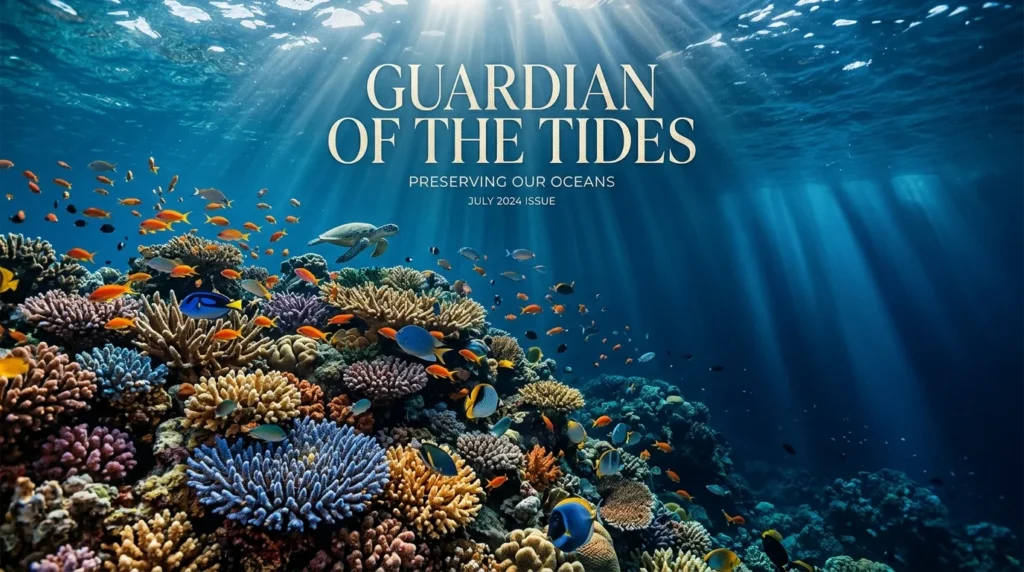 For this article, select a creative concept directly related to the topic, and create visuals with cinematic quality and the aesthetic of an editorial magazine cover, ensuring each composition is unique and distinct. The visuals must be in landscape format, with a 16:9 aspect ratio, and feature a wide, horizontal composition—vertical or square formats are strictly prohibited. Wide landscape format only, no portrait, no square.“Protecting Marine Life and Habitats”