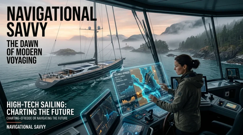 For this article, select a creative concept directly related to the topic, and create visuals with cinematic quality and the aesthetic of an editorial magazine cover, ensuring each composition is unique and distinct. The visuals must be in landscape format, with a 16:9 aspect ratio, and feature a wide, horizontal composition—vertical or square formats are strictly prohibited. Wide landscape format only, no portrait, no square.“Navigational Savvy & Vessel Preparedness”