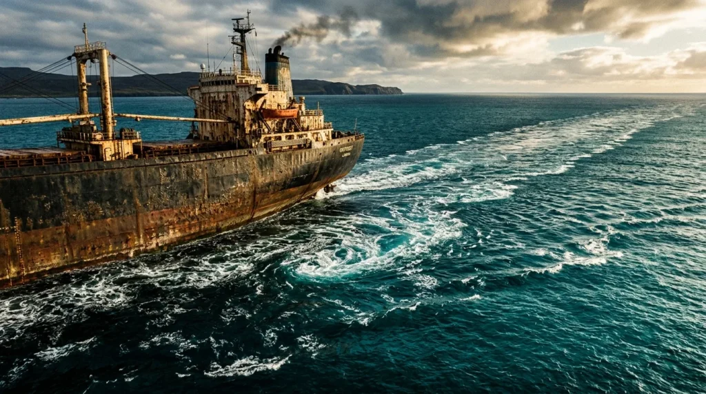 For this article, select a creative concept directly related to the topic, and create visuals with cinematic quality and the aesthetic of an editorial magazine cover, ensuring each composition is unique and distinct. The visuals must be in landscape format, with a 16:9 aspect ratio, and feature a wide, horizontal composition—vertical or square formats are strictly prohibited. Wide landscape format only, no portrait, no square.“The Hull's Silent Story: Hydrodynamics and Wake Shaping”
