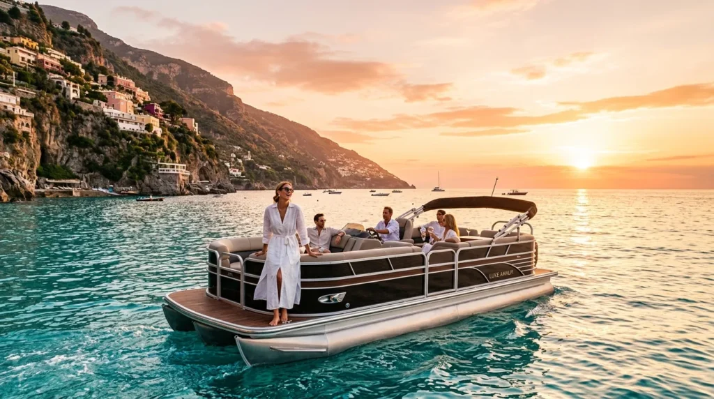 For this article, select a creative concept directly related to the topic, and create visuals with cinematic quality and the aesthetic of an editorial magazine cover, ensuring each composition is unique and distinct. The visuals must be in landscape format, with a 16:9 aspect ratio, and feature a wide, horizontal composition—vertical or square formats are strictly prohibited. Wide landscape format only, no portrait, no square.“Exploring Options: Pontoon Boat for Sale Europe”