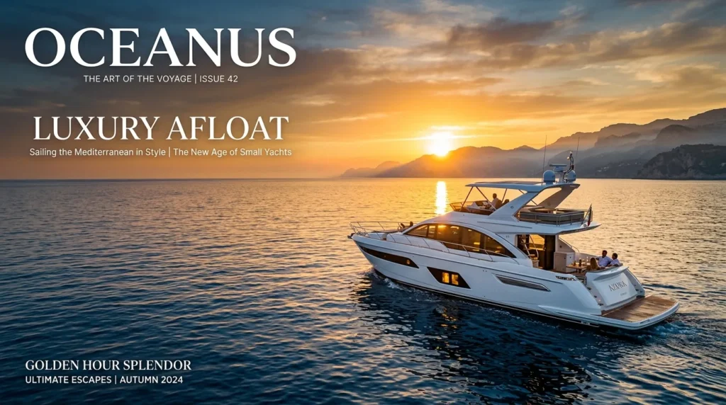 For this article, select a creative concept directly related to the topic, and create visuals with cinematic quality and the aesthetic of an editorial magazine cover, ensuring each composition is unique and distinct. The visuals must be in landscape format, with a 16:9 aspect ratio, and feature a wide, horizontal composition—vertical or square formats are strictly prohibited. Wide landscape format only, no portrait, no square.“Navigating the Market: Your Journey to a Small Luxury Yacht”