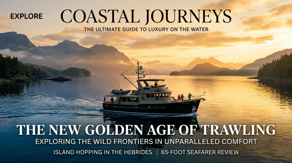 For this article, select a creative concept directly related to the topic, and create visuals with cinematic quality and the aesthetic of an editorial magazine cover, ensuring each composition is unique and distinct. The visuals must be in landscape format, with a 16:9 aspect ratio, and feature a wide, horizontal composition—vertical or square formats are strictly prohibited. Wide landscape format only, no portrait, no square.“Key Characteristics & Benefits of Trawler Yachts”