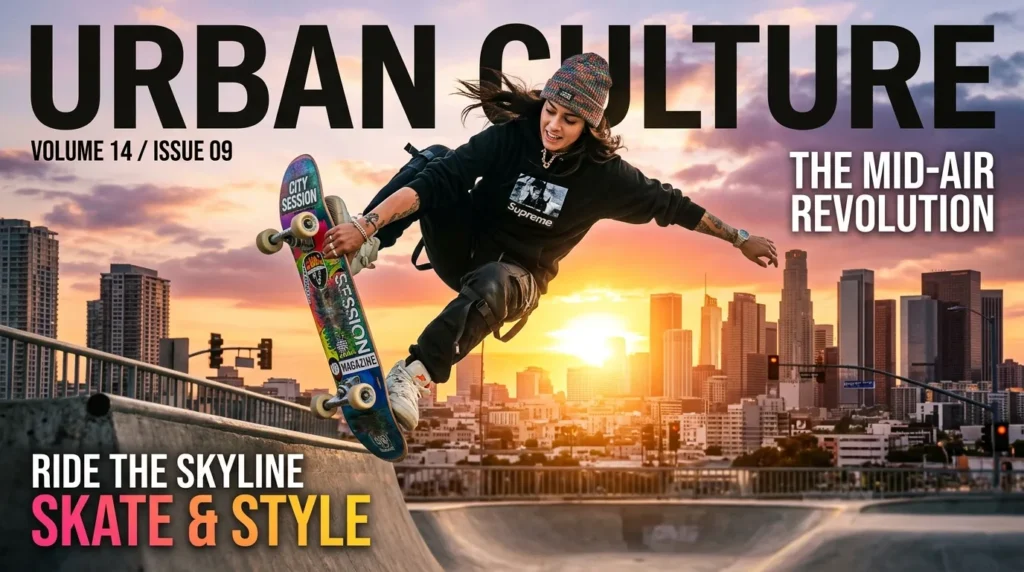 For this article, select a creative concept directly related to the topic, and create visuals with cinematic quality and the aesthetic of an editorial magazine cover, ensuring each composition is unique and distinct. The visuals must be in landscape format, with a 16:9 aspect ratio, and feature a wide, horizontal composition—vertical or square formats are strictly prohibited. Wide landscape format only, no portrait, no square.“Spinning into Style: Rotational Tricks and Grabs”