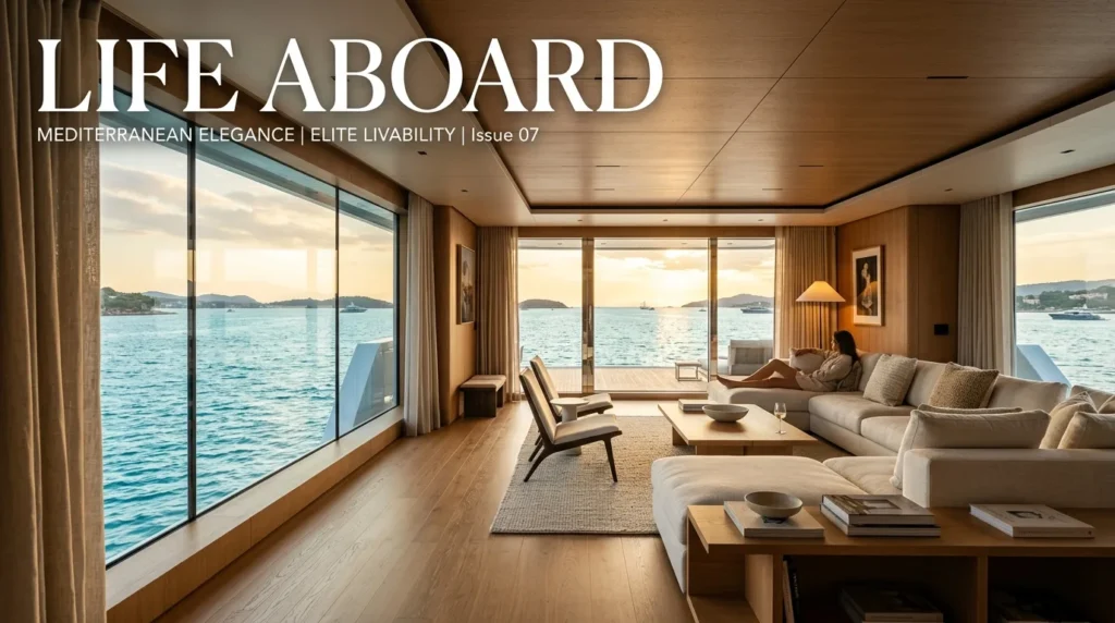 For this article, select a creative concept directly related to the topic, and create visuals with cinematic quality and the aesthetic of an editorial magazine cover, ensuring each composition is unique and distinct. The visuals must be in landscape format, with a 16:9 aspect ratio, and feature a wide, horizontal composition—vertical or square formats are strictly prohibited. Wide landscape format only, no portrait, no square.“Life Aboard: Unmatched Comfort and Livability”
